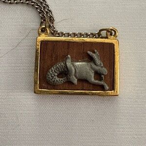 Vintage Capricorn Zodiac Charm Wood Gold Tone Sea Goat Necklace MCM Mythology